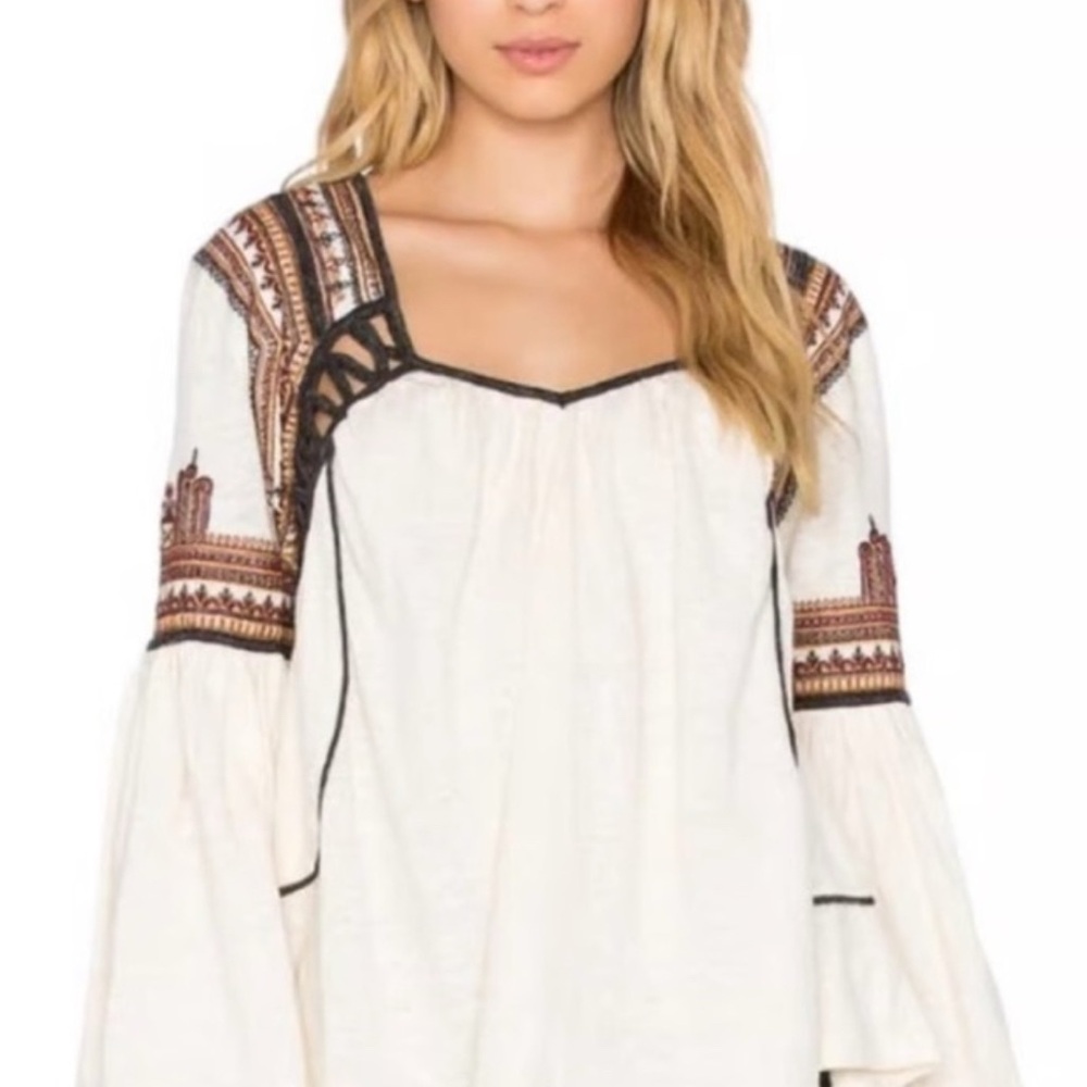 Free People Snow Kisses Cream
Embroidered Boho Split Back Peasant Blouse